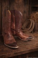 Full view of both brown leather cowboy boots with darker toe caps and stitched shafts