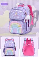 Front and side view of purple unicorn backpack showing rainbow pocket, pink straps, pom-pom zipper pull