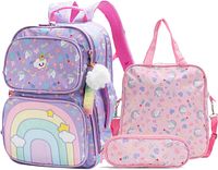 Front and side view of all three pieces: backpack, lunch tote, pencil case