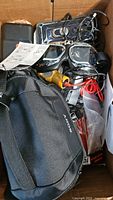 Top view of box showing Sony bag, goggles, cables, tools