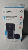 Front of retail box showing LaView HD Wi-Fi Video Doorbell Battery Operated packaging