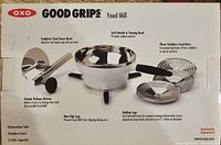 Retail box front showing food mill and discs