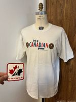 Front view of T-shirt on mannequin with patch shown separately