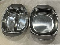 Top view of both stainless steel serving dishes, one divided, one single
