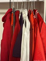Group of eight garments hanging on closet rod