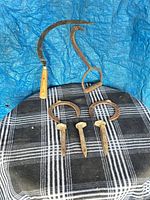 All seven pieces arranged together: sickle, hook, horseshoes, spikes