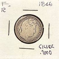Obverse of 1846 1 Franc coin in 2x2 holder showing portrait and inscriptions