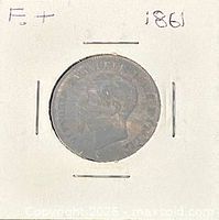 Obverse of 1861 France Napoleon III 5 centime coin in cardboard holder marked F+