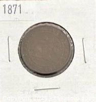 Obverse of 1871 1 cent coin in cardboard flip