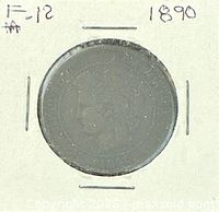 Obverse of 1890 France 10 centimes coin in cardboard holder