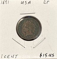 Obverse of 1891 Indian Head cent in cardboard 2x2 holder