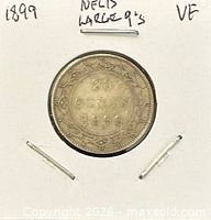 Reverse of 1899 Newfoundland 20 cents coin showing denomination and date in holder