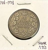 Reverse of 50-cent coin showing denomination, maple leaf wreath, crown, dates 1908-1998