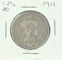 Obverse of 1911 French 10 centimes coin in 2x2 holder