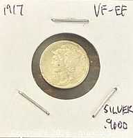 Obverse of 1917 Mercury dime in cardboard holder