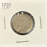Obverse of 1937 Buffalo nickel showing Native American profile and date