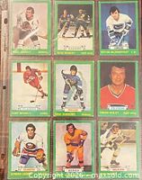 Fronts of all nine 1973-74 O-Pee-Chee hockey cards in sheet