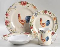 Sample plate, bowl, side plate and mug displaying Spring Rooster design