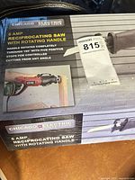 Retail box showing Chicago Electric 6-amp reciprocating saw with rotating handle