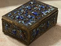 Full view of gilt brass enamel trinket box lid and side