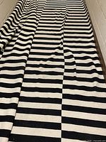 Full length view of black and cream striped flatweave rug laid out