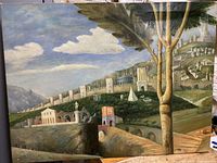 Full view of oil painting showing entire fantasy landscape scene