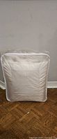 Duvet insert folded inside clear zippered storage bag against wall