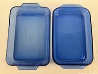 Both blue glass rectangular casseroles top view