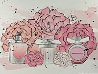 Front view of entire canvas print showing floral and perfume bottle artwork