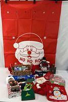 All items overview with Santa sack, basket, gift bags, ribbons, lights, snowman decor