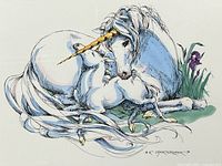 Close-up of unicorn lithograph artwork