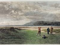 Close-up of central image showing golfers and landscape
