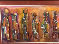 Full close view of painting showing six figures and colors