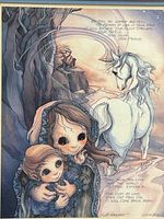 Close view of Bergsma print showing child, infant, unicorn and partial poem