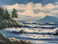 Full view of painting showing coastal scene and waves