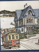 Close view of print showing cable car, house, bay detail