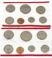 Two sealed plastic sleeves with red stripe containing 7 uncirculated coins each (cent through dollar)