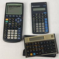 Group view of HP 12C with pouch, TI-83 Plus, and TI-35X calculators