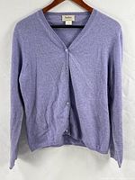 Front view of lavender Neiman Marcus cardigan