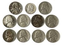 All twelve coins laid out; dime at top row center, eleven nickels surrounding