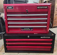 Front view of stacked red and black Mastercraft tool chests