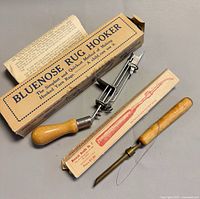 Bluenose rug hooker tool, Monarch No. 2 punch needle tool, both boxes, instruction sheet