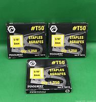 Front view of three sealed boxes showing brand, model, size and quantity