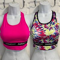 Front view of both sports bras showing colors, size and JusticeSport elastic