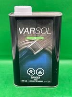 Front view of Varsol paint thinner tin showing overall condition and branding