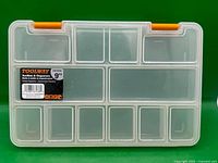 Front view of clear Toolway 9" organizer showing compartments and label