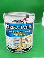 Front view of sealed Zinsser Perma-White paint can showing brand, product features, size and finish