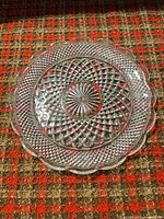 Top view of clear glass Wexford torte plate showing diamond pattern and scalloped rim