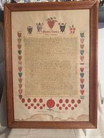 Full view of framed Magna Carta reproduction showing water stain, oak frame