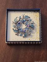 Brooch in box showing design and rhinestone details